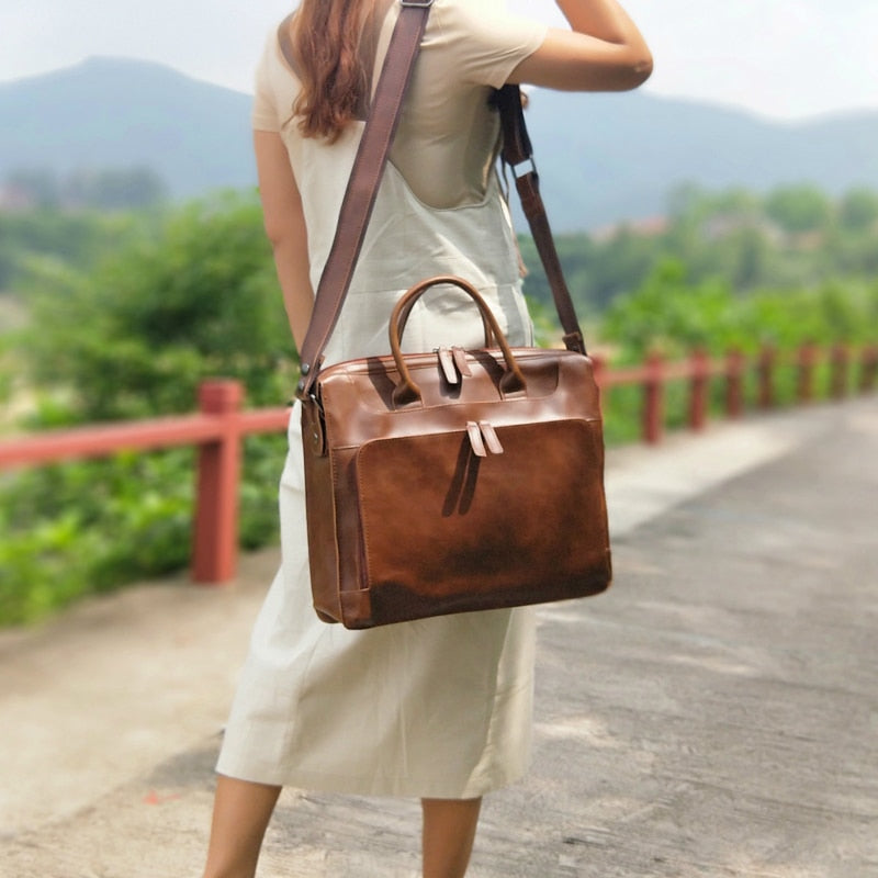 Vintage Leather Shoulder Laptop Briefcase