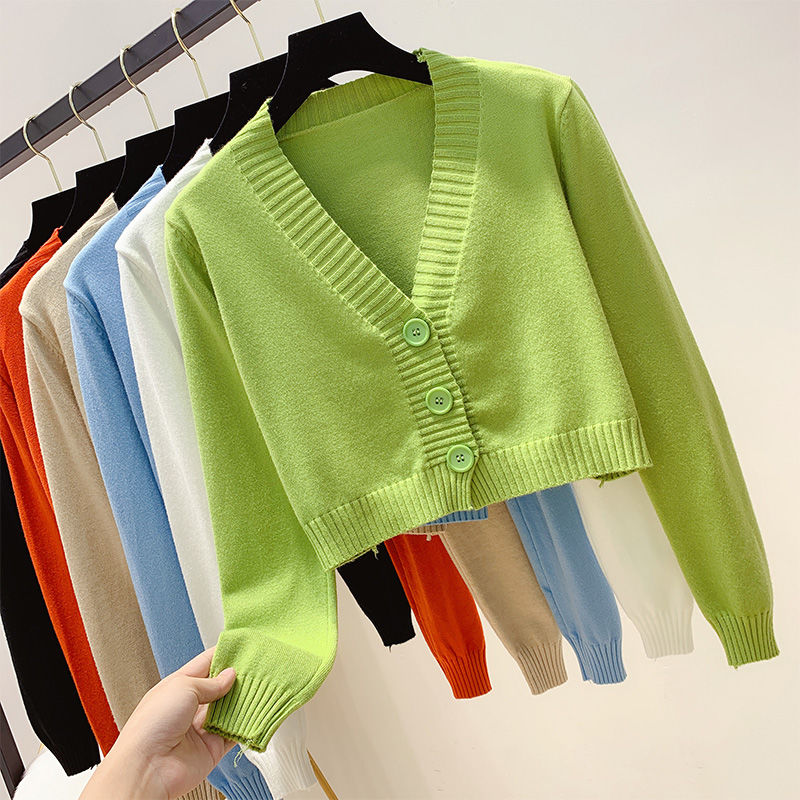 Knitted Crop Cardigan Long Sleeve V neck Ladies Sweater