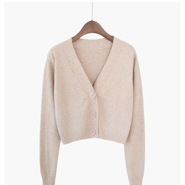 Knitted Crop Cardigan Long Sleeve V neck Ladies Sweater