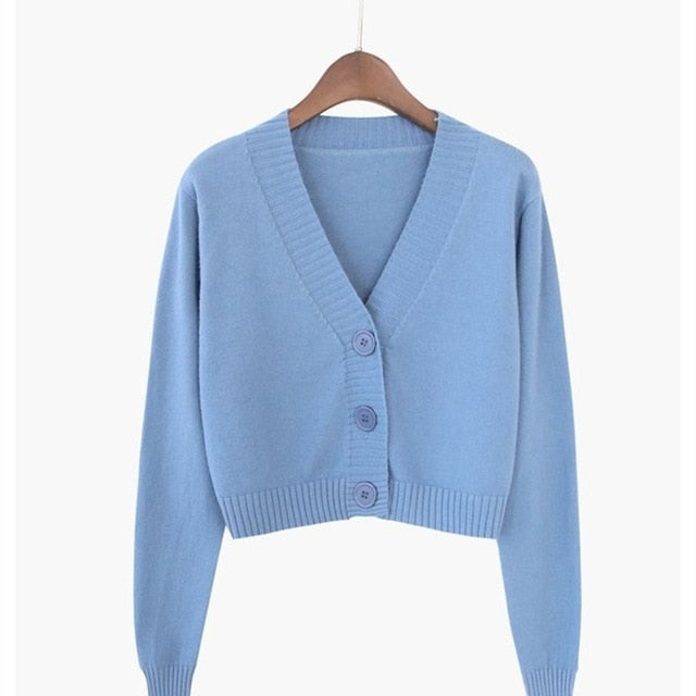 Knitted Crop Cardigan Long Sleeve V neck Ladies Sweater