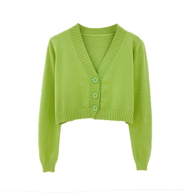 Knitted Crop Cardigan Long Sleeve V neck Ladies Sweater