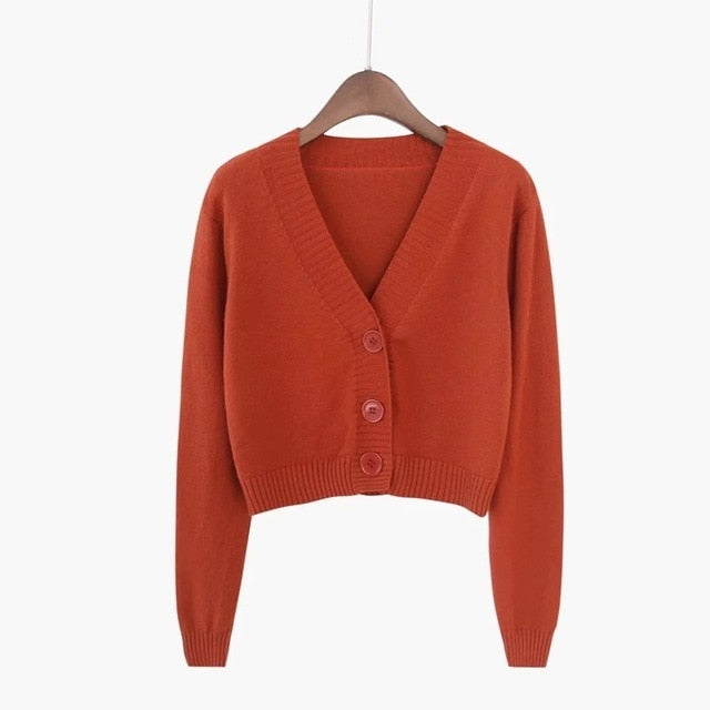 Knitted Crop Cardigan Long Sleeve V neck Ladies Sweater
