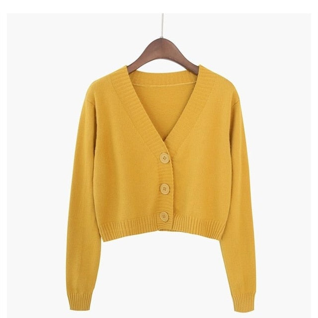 Knitted Crop Cardigan Long Sleeve V neck Ladies Sweater