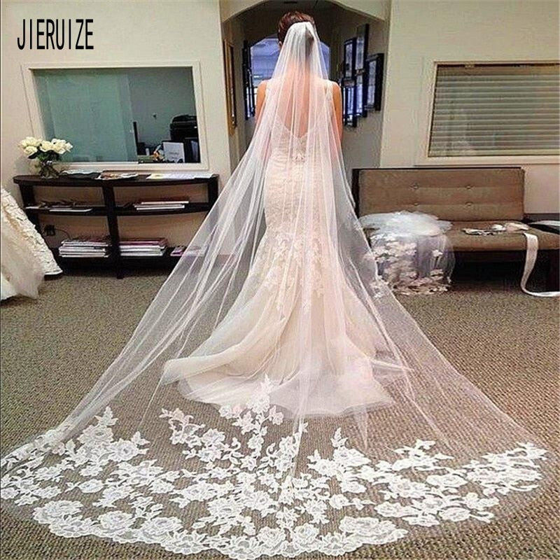 JIERUIZE Long Bridal Veil with Comb Lace Appliqued Edge Tulle