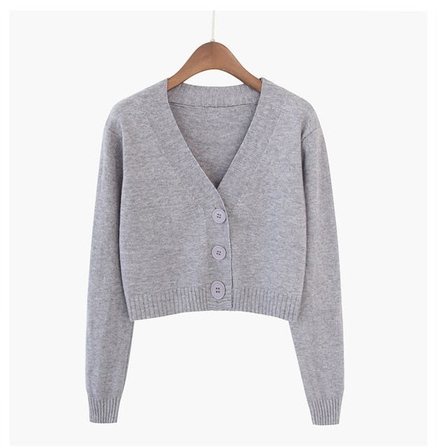 Knitted Crop Cardigan Long Sleeve V neck Ladies Sweater
