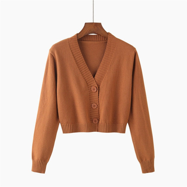 Knitted Crop Cardigan Long Sleeve V neck Ladies Sweater
