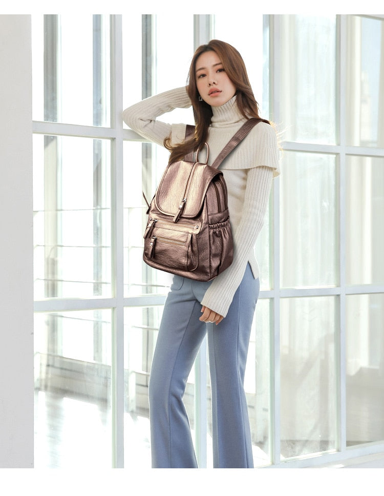 Lanyibaige Vintage Female Shoulder Leather Ladies Bagpack