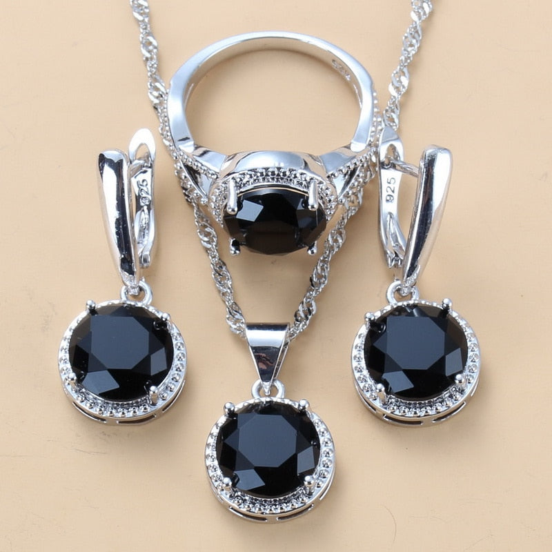 C2C Mall 925 Silver Zircon Dangle Earrings-Ring and Necklace 3 piece Set
