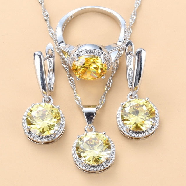 C2C Mall 925 Silver Zircon Dangle Earrings-Ring and Necklace 3 piece Set