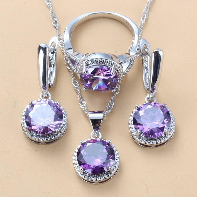 C2C Mall 925 Silver Zircon Dangle Earrings-Ring and Necklace 3 piece Set