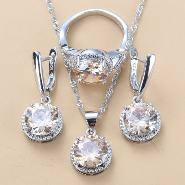 C2C Mall 925 Silver Zircon Dangle Earrings-Ring and Necklace 3 piece Set