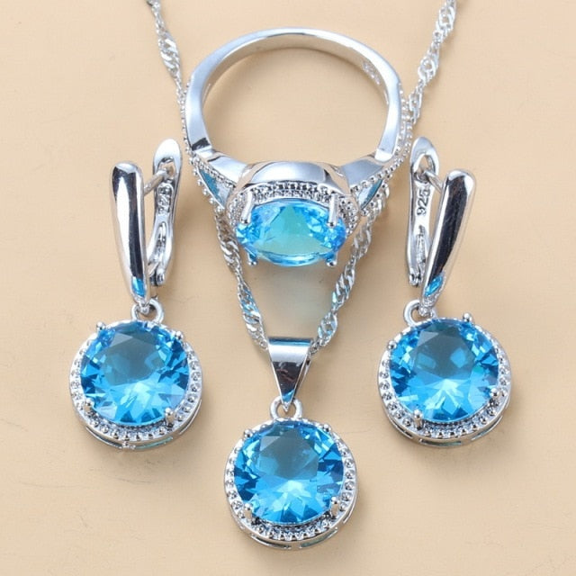 C2C Mall 925 Silver Zircon Dangle Earrings-Ring and Necklace 3 piece Set