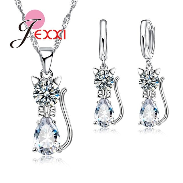 Jewellery Sets Accessories Genuine 925 Sterling Silver  Cubic Zirconia Cat Kitty Necklace Pendant+Leverback Earrings Hot