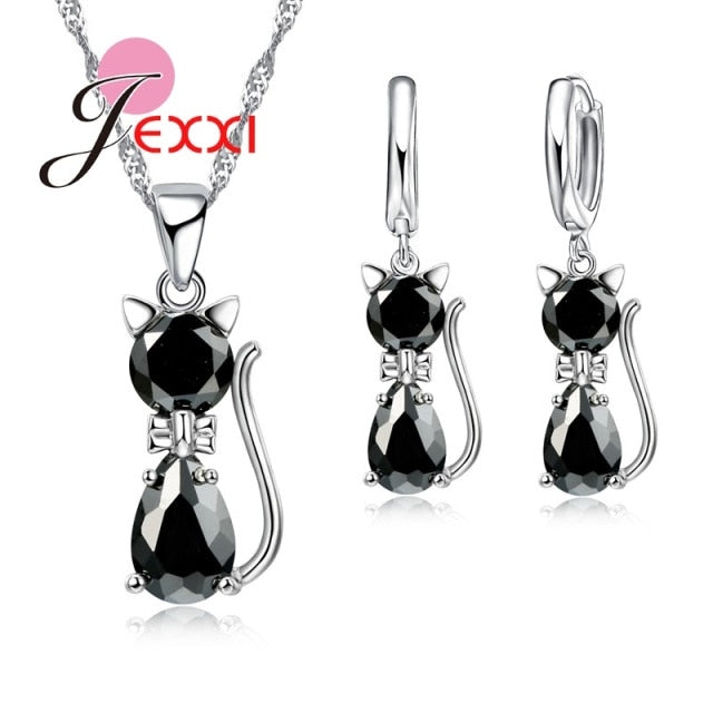 Jewellery Sets Accessories Genuine 925 Sterling Silver  Cubic Zirconia Cat Kitty Necklace Pendant+Leverback Earrings Hot