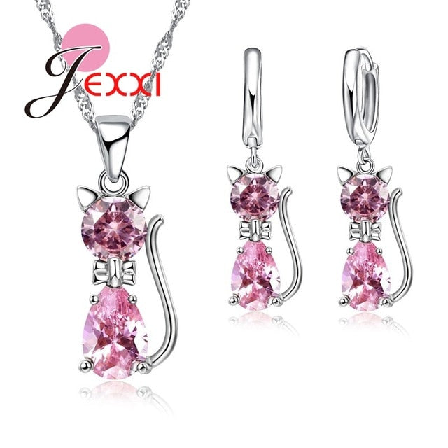 Jewellery Sets Accessories Genuine 925 Sterling Silver  Cubic Zirconia Cat Kitty Necklace Pendant+Leverback Earrings Hot
