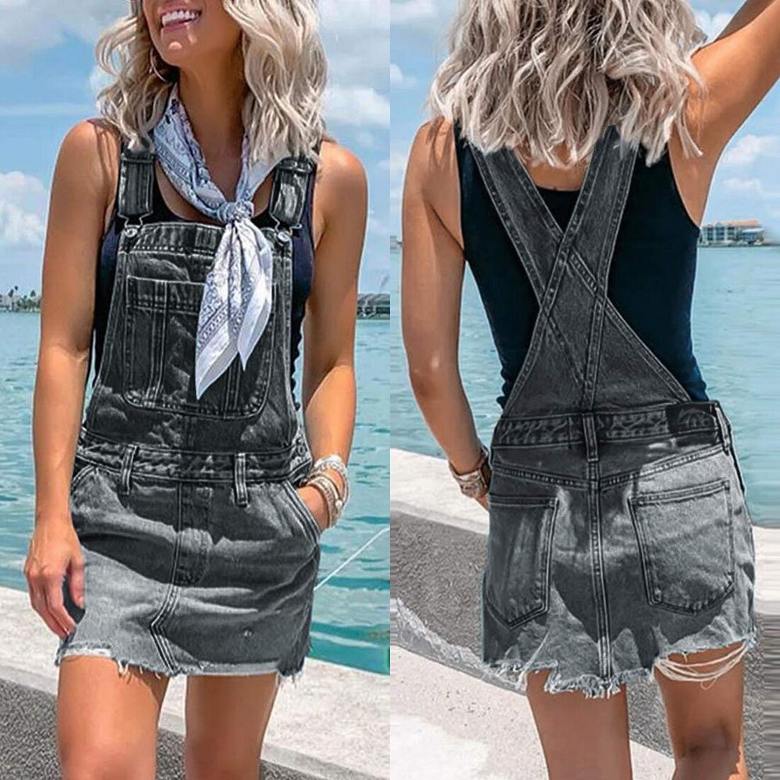 Lithing Casual Sleeveless Front Pockets Ladies Denim Dress Overall