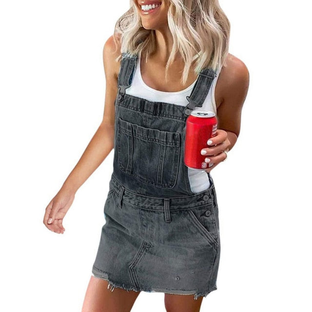 Lithing Casual Sleeveless Front Pockets Ladies Denim Dress Overall