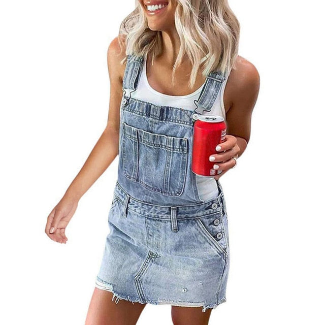 Lithing Casual Sleeveless Front Pockets Ladies Denim Dress Overall
