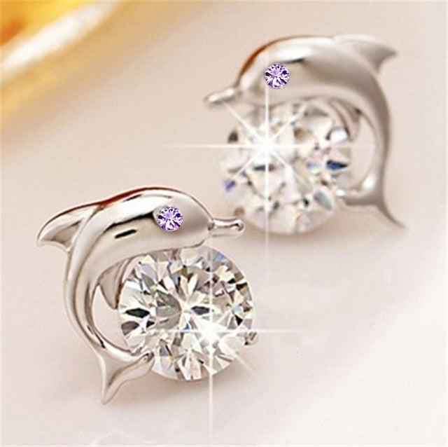 C2C Cute Romantic Dolphin Love Stud Earrings For Women High Quality 925 Jewelry Stering Silver