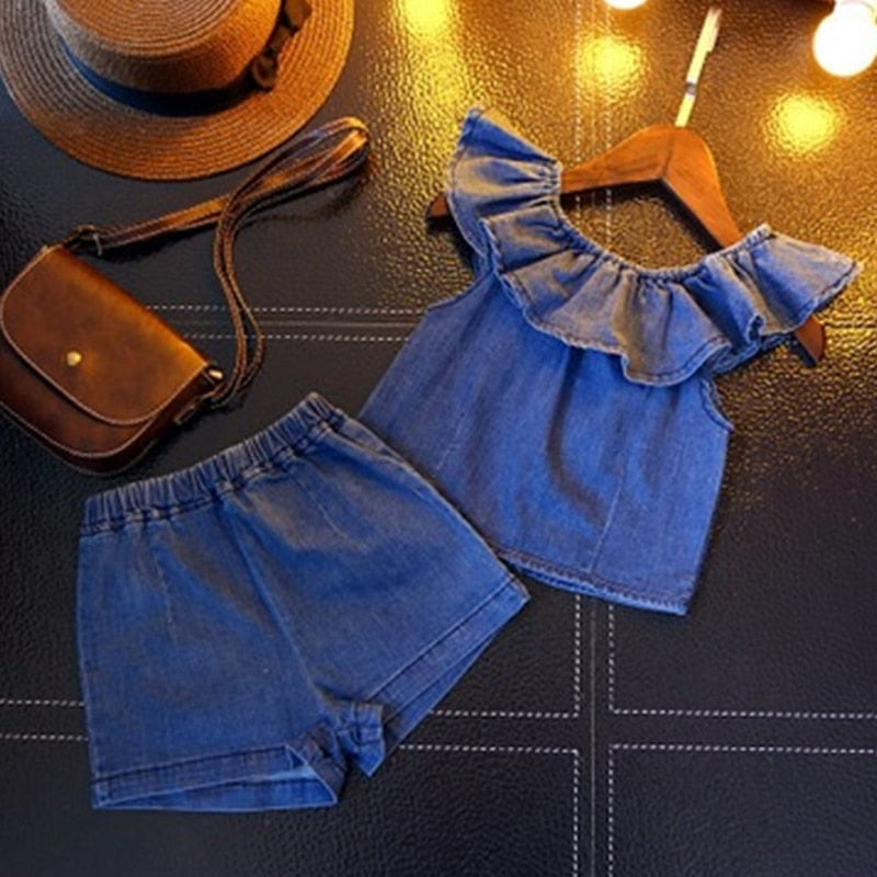 C2C Girls' Fashion Denim Shoulder Flying Sleeve Top 2PCS Set