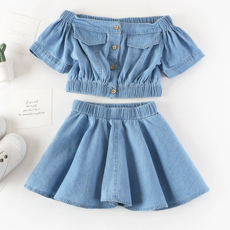 C2C Girls' Fashion Denim Shoulder Flying Sleeve Top 2PCS Set