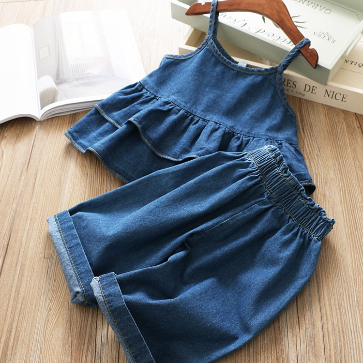 C2C Girls' Fashion Denim Shoulder Flying Sleeve Top 2PCS Set