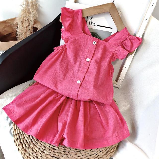 C2C Girls' Fashion Denim Shoulder Flying Sleeve Top 2PCS Set