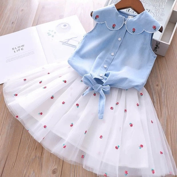 C2C Girls' Fashion Denim Shoulder Flying Sleeve Top 2PCS Set