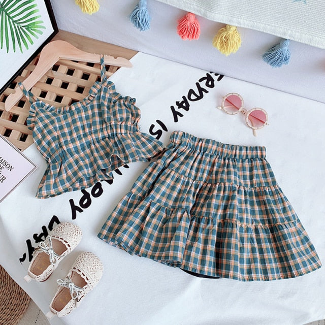 C2C Girls' Fashion Denim Shoulder Flying Sleeve Top 2PCS Set
