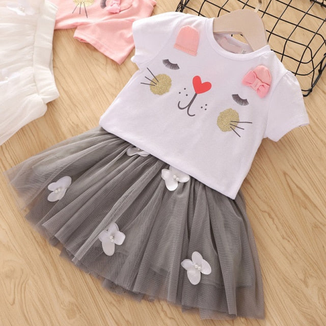 C2C Girls' Fashion Denim Shoulder Flying Sleeve Top 2PCS Set