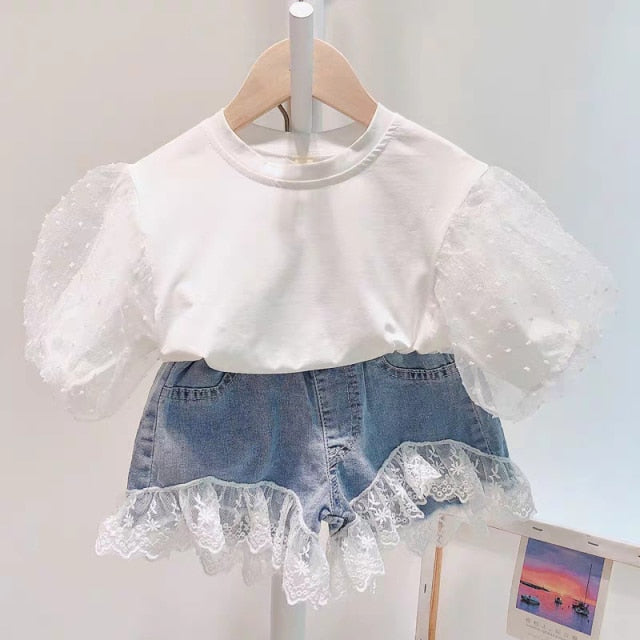 C2C Girls' Fashion Denim Shoulder Flying Sleeve Top 2PCS Set
