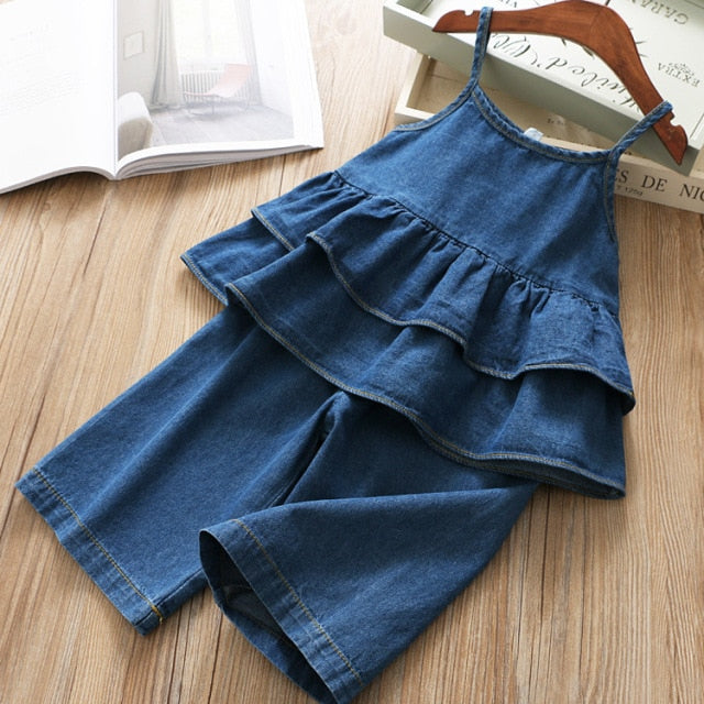 C2C Girls' Fashion Denim Shoulder Flying Sleeve Top 2PCS Set