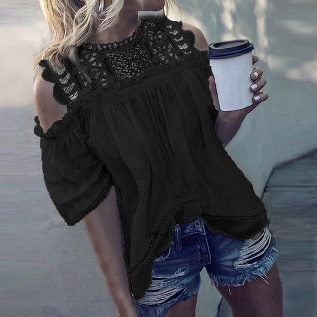 Hollow Out Sleeveless O-Neck Ladies Blouse