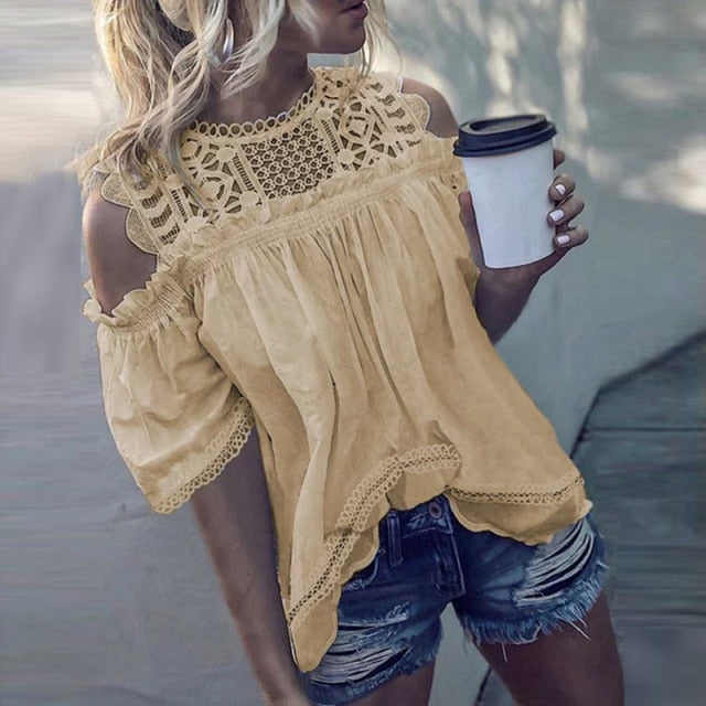 Hollow Out Sleeveless O-Neck Ladies Blouse