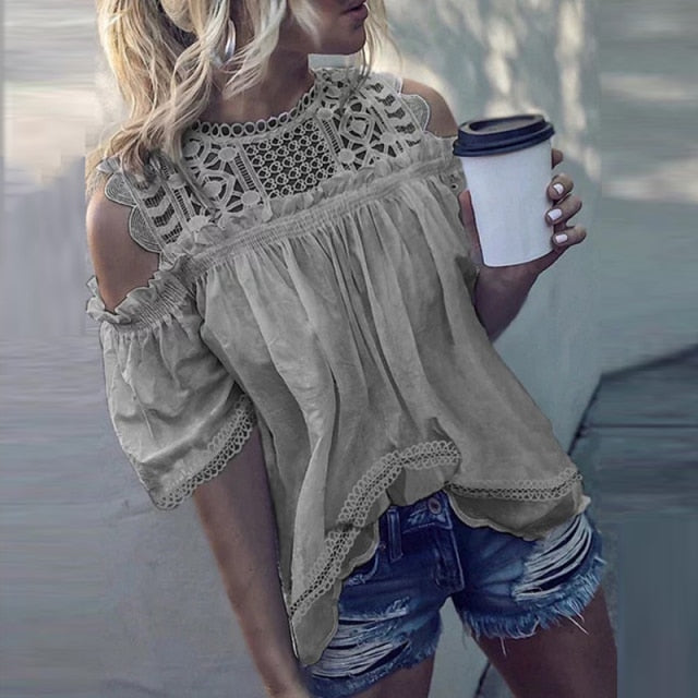 Hollow Out Sleeveless O-Neck Ladies Blouse