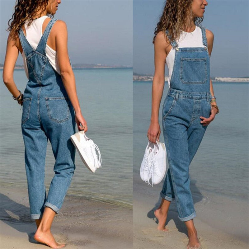 Ladies Denim Baggy Full Length Pinafore Dungaree Overall