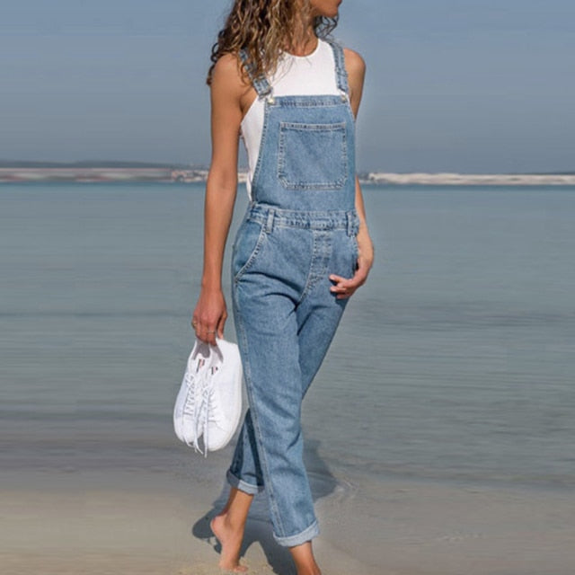 Ladies Denim Baggy Full Length Pinafore Dungaree Overall