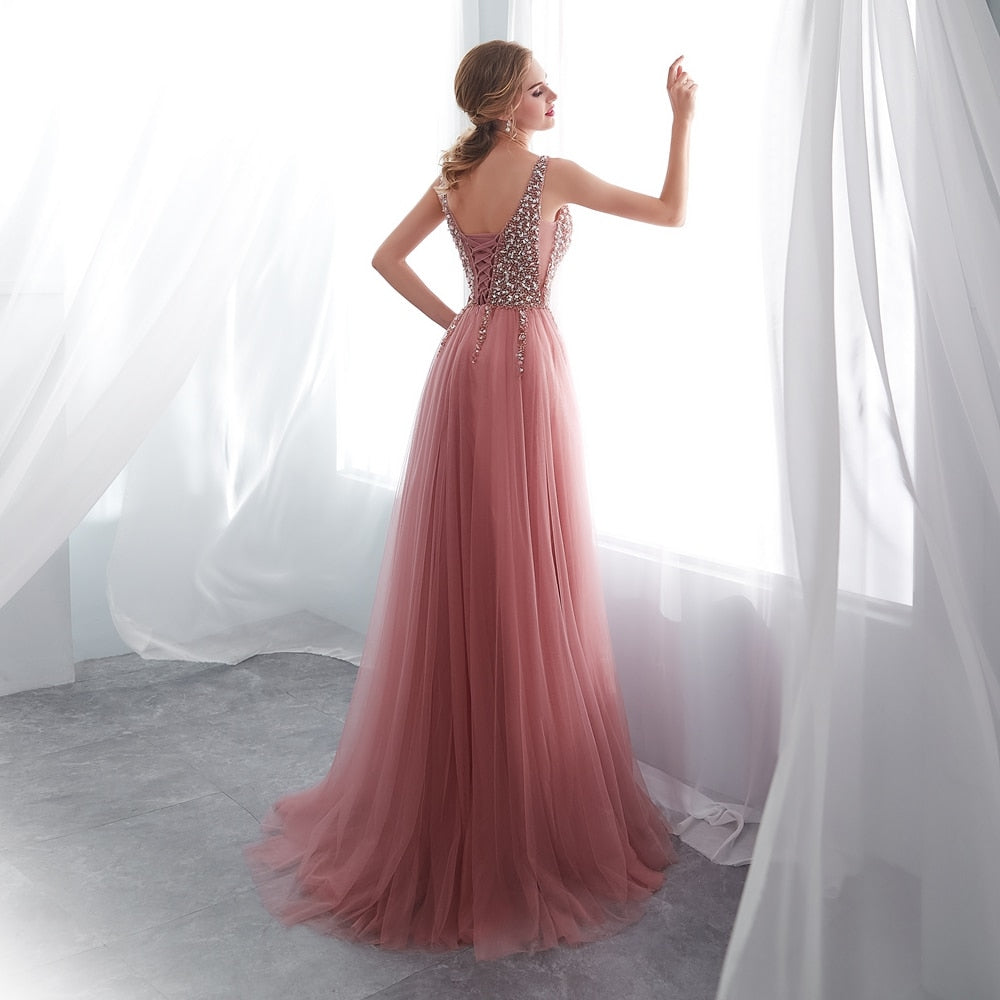 C2C High Split Tulle Sleeveless Evening A-line Lace Up Plus Size Dress