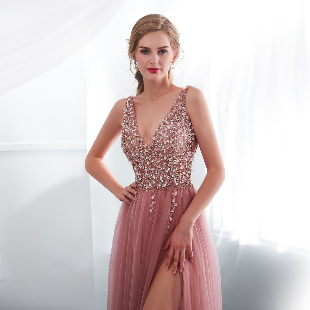 C2C High Split Tulle Sleeveless Evening A-line Lace Up Plus Size Dress