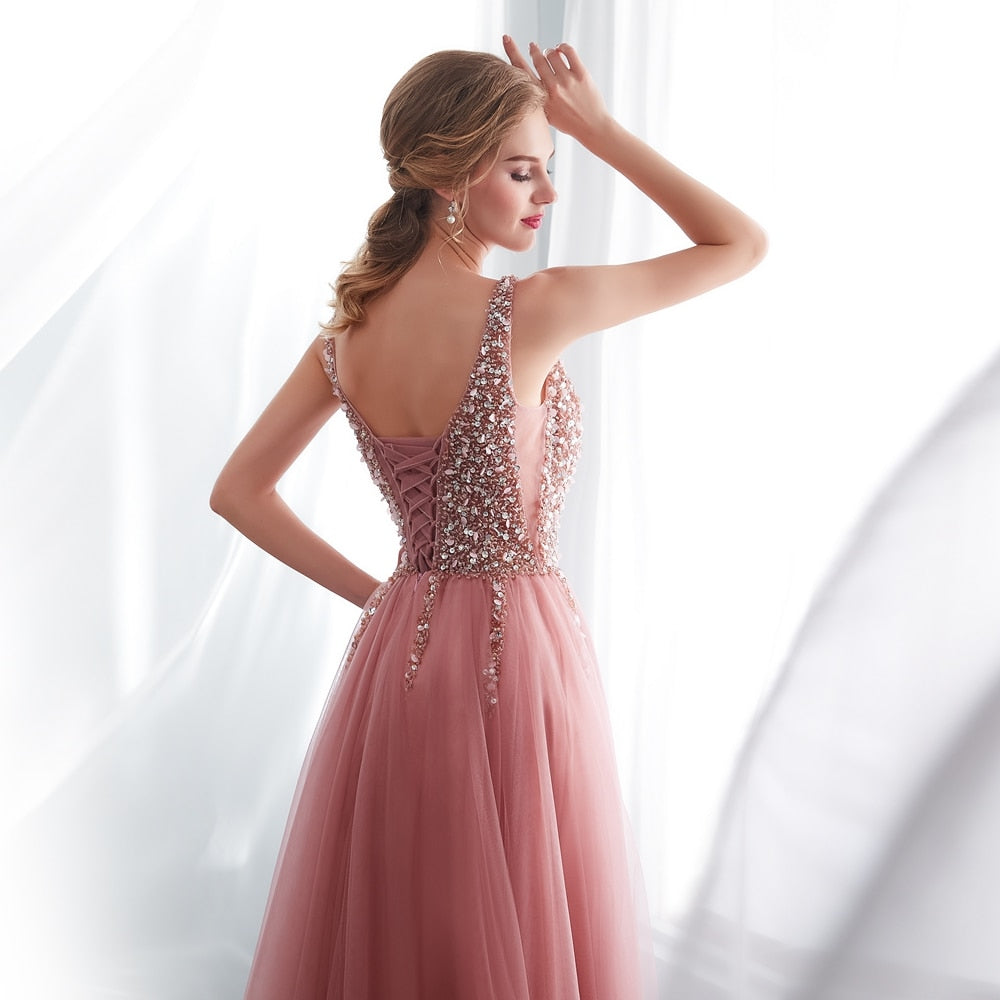 C2C High Split Tulle Sleeveless Evening A-line Lace Up Plus Size Dress
