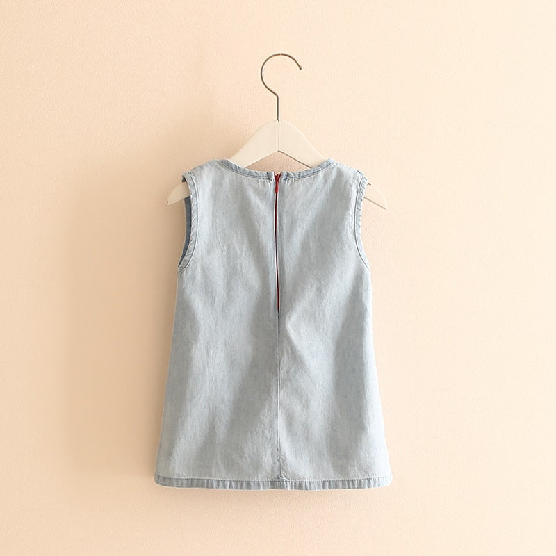 Little Girl Embroidery Cartoon Dog Tank Denim Dresses