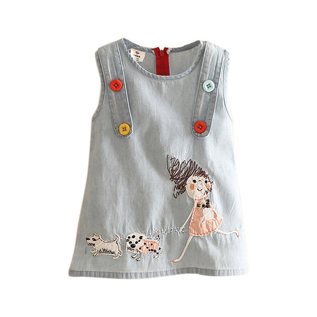 Little Girl Embroidery Cartoon Dog Tank Denim Dresses