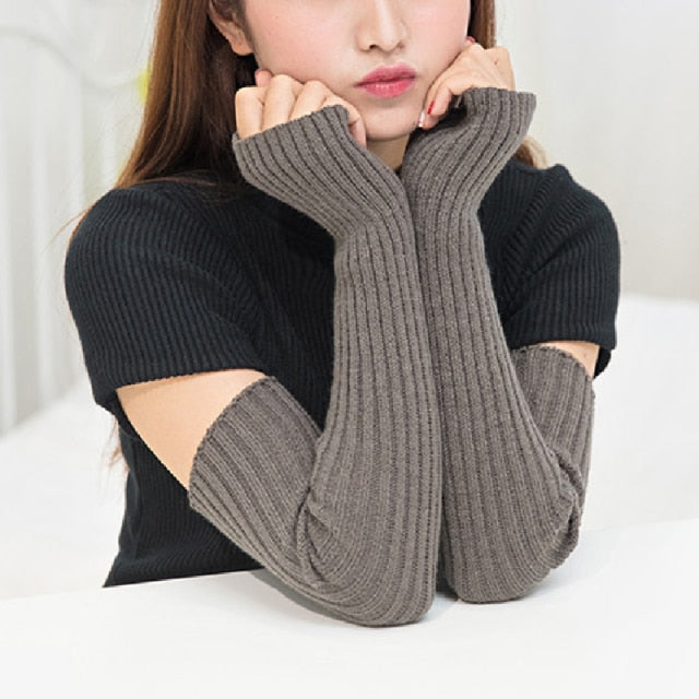 C2C Winter Women Arm Warmers Knitted Woolen Fingerless Gloves