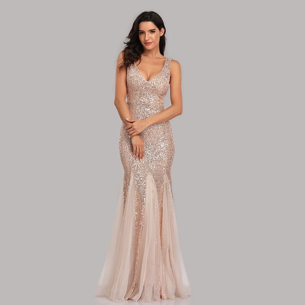 Plus Size V Neck Mermaid Cocktail Long Sequins Sleeveless Evening Dress