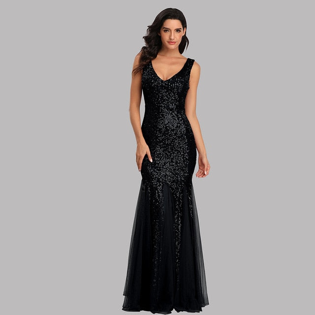 Plus Size V Neck Mermaid Cocktail Long Sequins Sleeveless Evening Dress