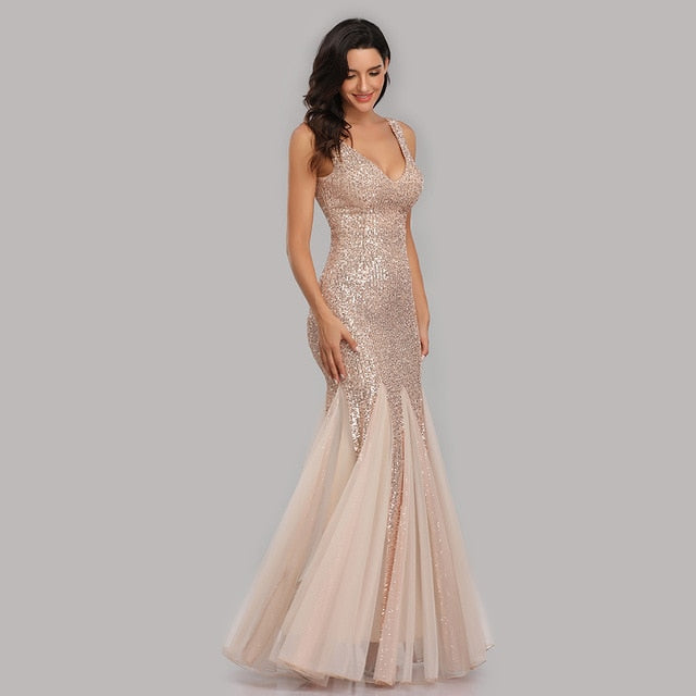 Plus Size V Neck Mermaid Cocktail Long Sequins Sleeveless Evening Dress