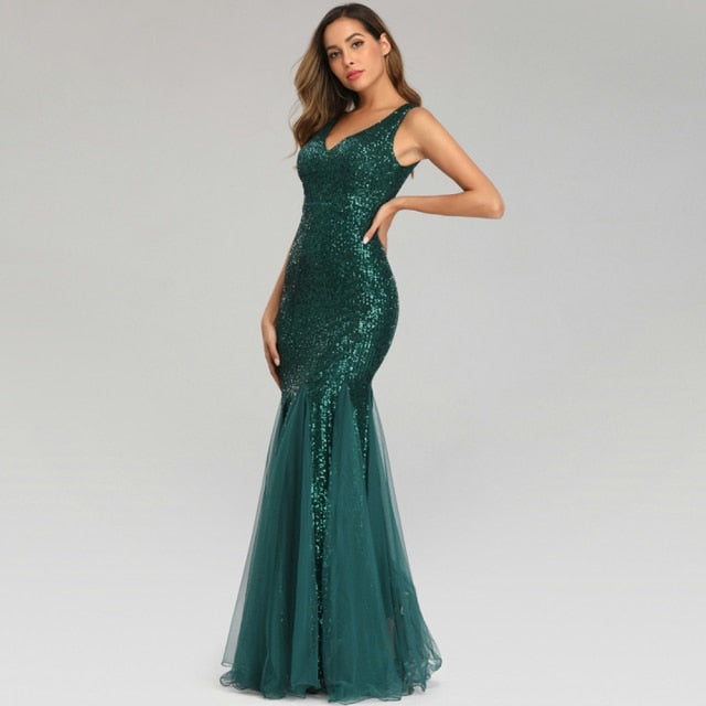 Plus Size V Neck Mermaid Cocktail Long Sequins Sleeveless Evening Dress
