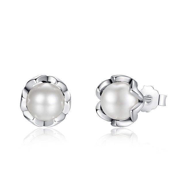 WOSTU Flower Heart Stud Earrings 100% 925 Sterling Silver Pearl Small Earrings For Women Wedding Engagement Jewelry Gifts