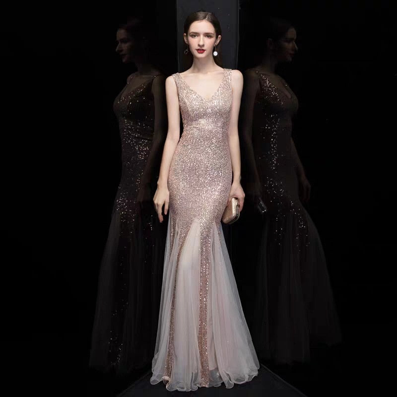 Plus Size V Neck Mermaid Cocktail Long Sequins Sleeveless Evening Dress