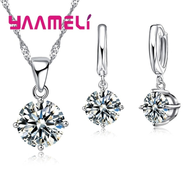 New Fashion Women Wedding Jewelry Sets 925 Sterling Silver  4 Claw CZ Crystal Necklace Dangle Earrings For Wedding
